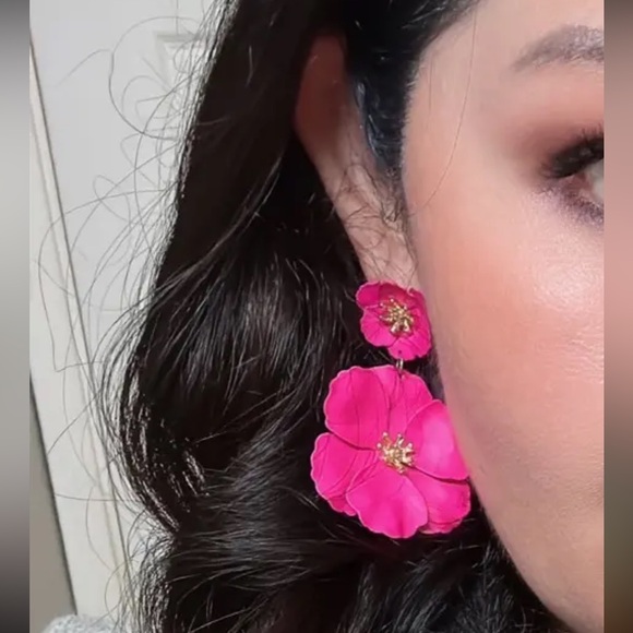 Rose Pinkish Red, Double Flower Dangle, Gold Center, Boho, Vacation Earrings - Picture 5 of 8
